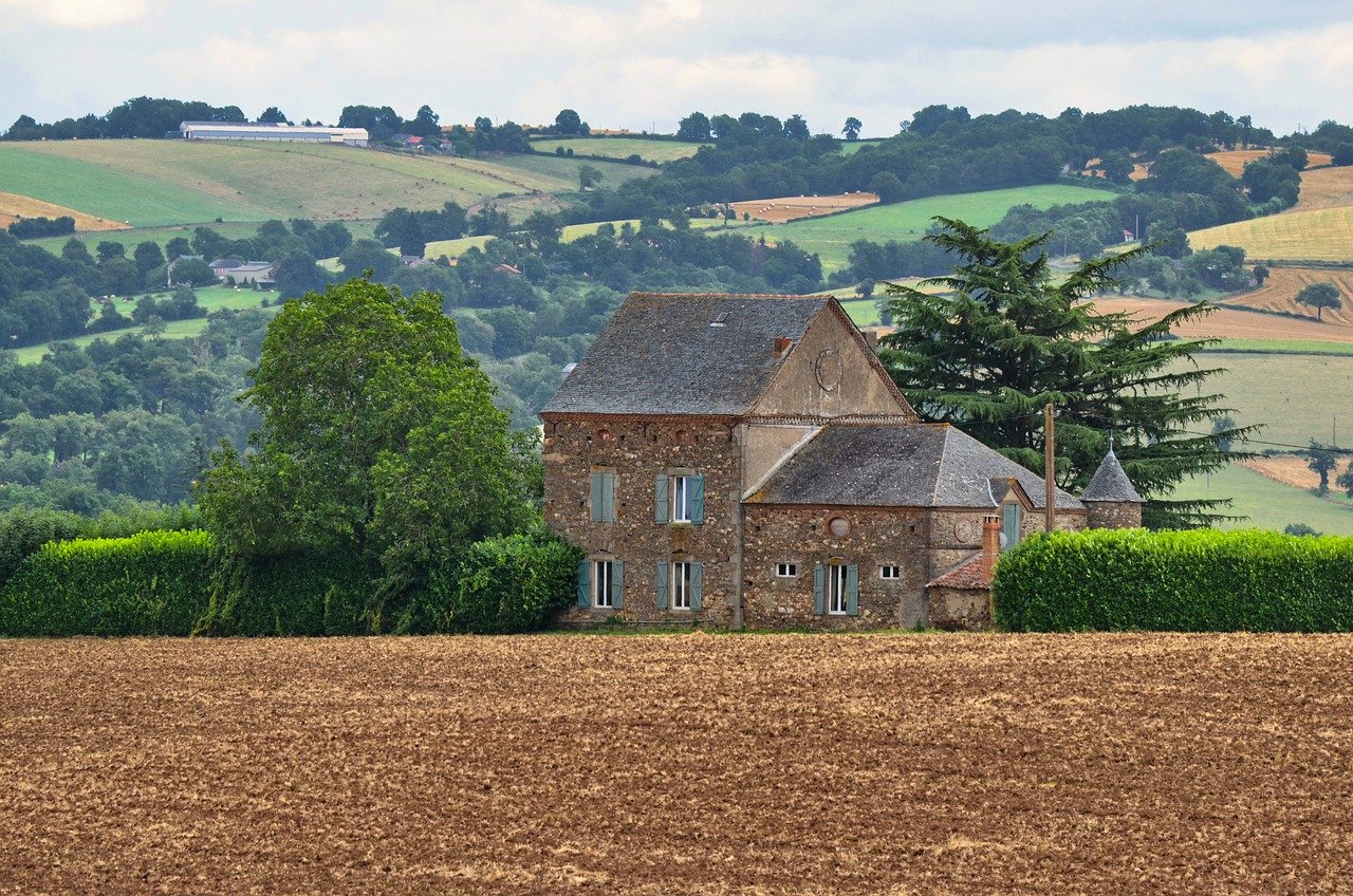 house, field, hills